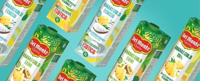 Gamme de jus Del Monte Ananas Gold en briques, incluant les variantes 100 %, Ananas Gold Kiwi et Ananas Gold Coco, présentées sur fond turquoise.