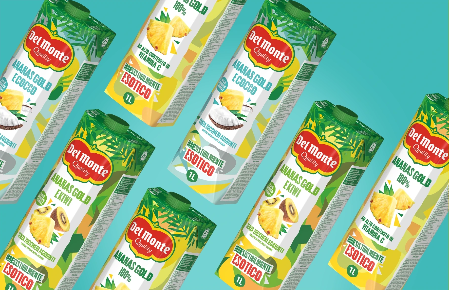 Gamme de jus Del Monte Ananas Gold en briques, incluant les variantes 100 %, Ananas Gold Kiwi et Ananas Gold Coco, présentées sur fond turquoise.