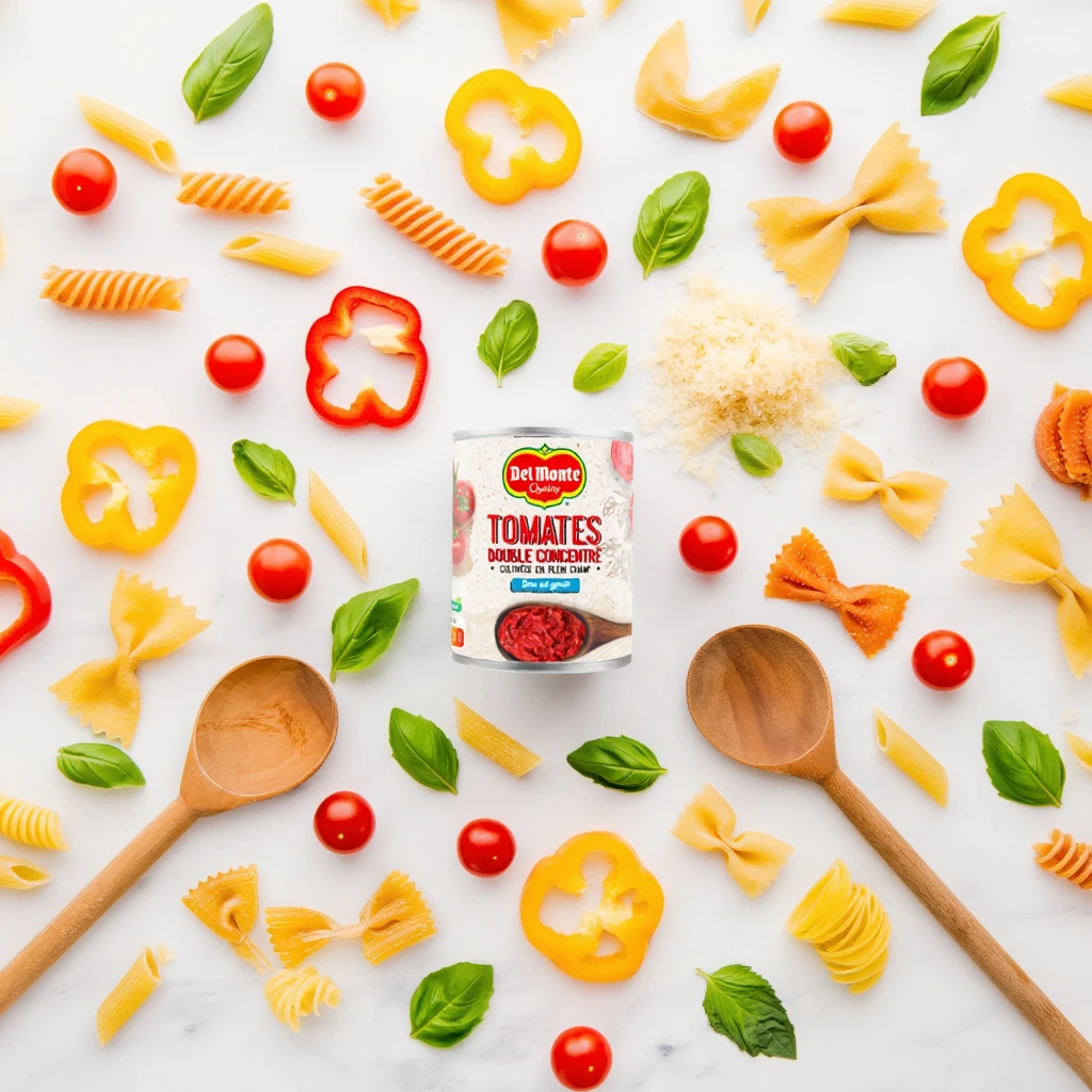 Boîte de double concentré de tomates Del Monte entourée de pâtes et ingrédients frais.