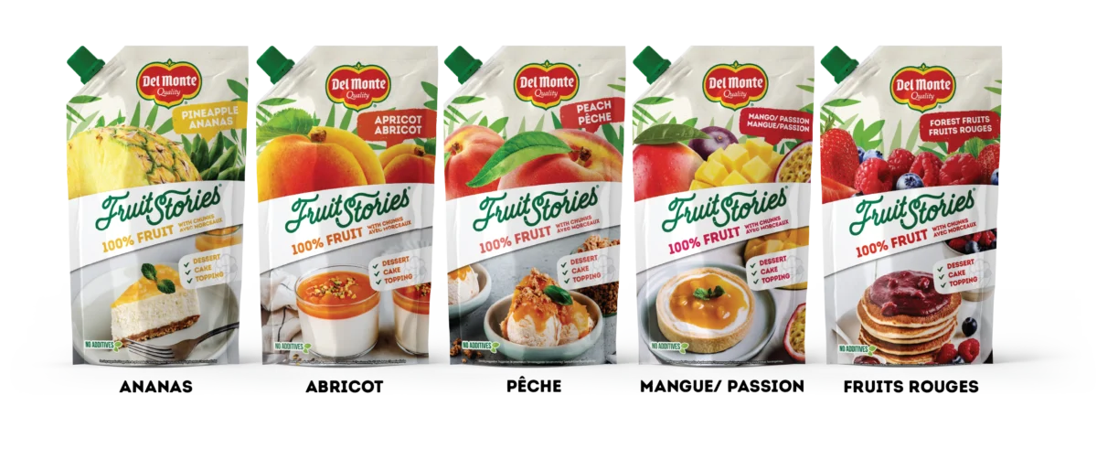 Gamme Fruit Stories Del Monte – préparations aux fruits pour desserts, mangue passion, pêche, abricot, fruits rouges et ananas