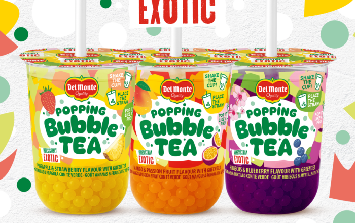 Bubble Tea Del Monte avec perles de fruits exotiques – saveurs mangue, ananas-fraise et hibiscus-myrtille
