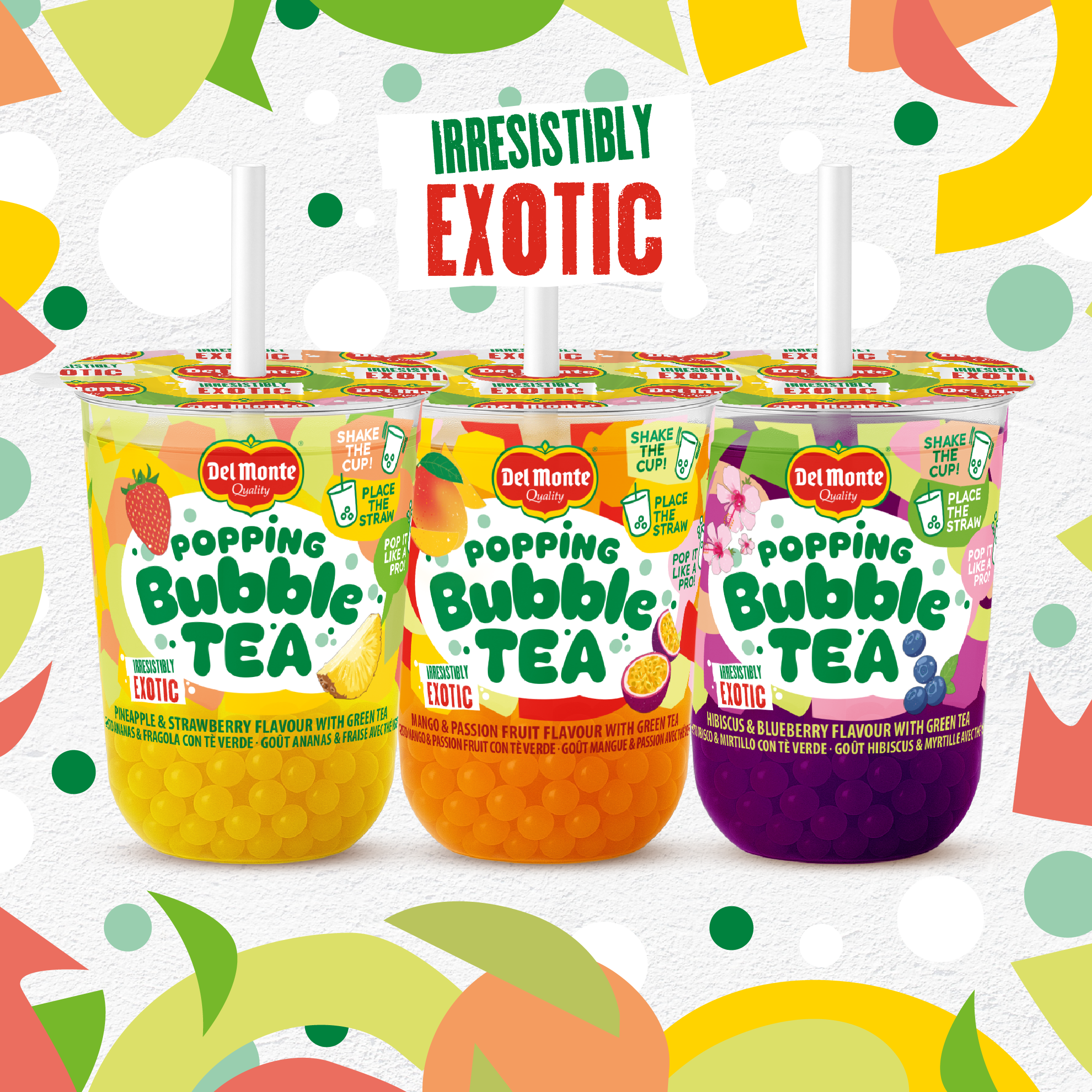 Bubble Tea Del Monte avec perles de fruits exotiques – saveurs mangue, ananas-fraise et hibiscus-myrtille
