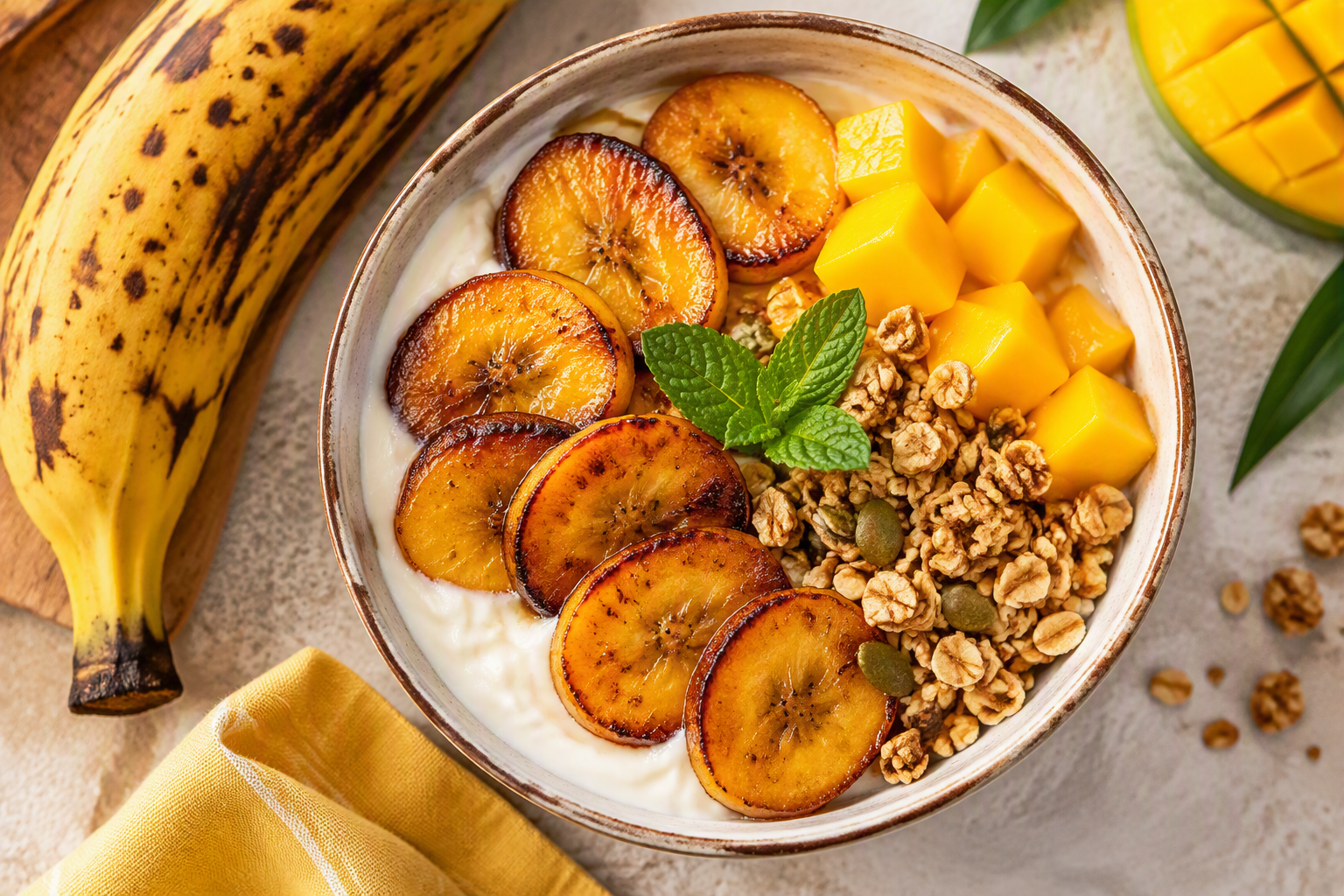 Bol tropical vu de dessus composé de yaourt grec, de rondelles de banane plantain caramélisées, de dés de mangue, de granola et de feuilles de menthe, accompagné d’une banane plantain mûre.