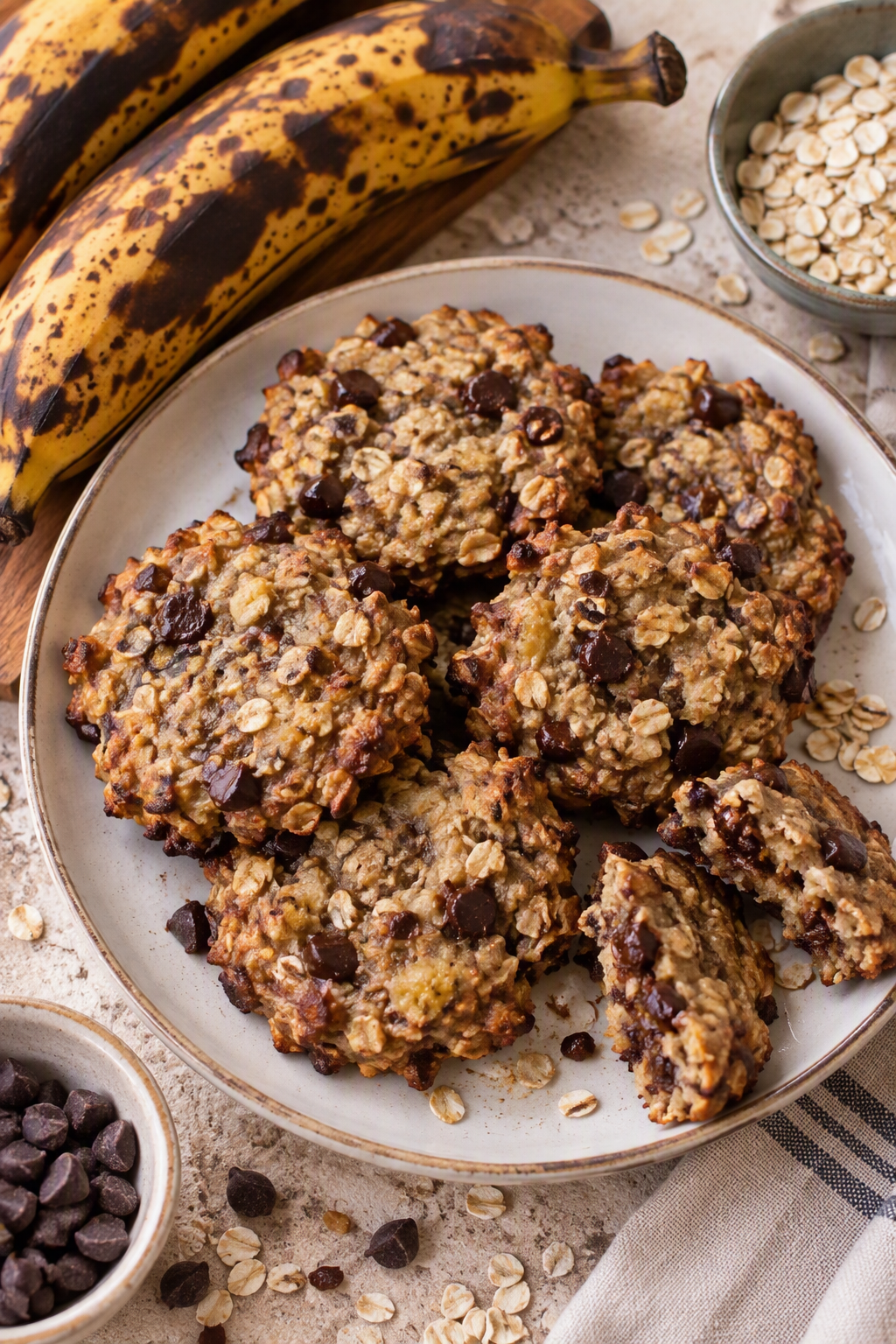 Vue de dessus de cookies maison à la banane plantain très mûre, aux flocons d’avoine et aux pépites de chocolat noir, servis dans une assiette avec des bananes plantains en arrière-plan.