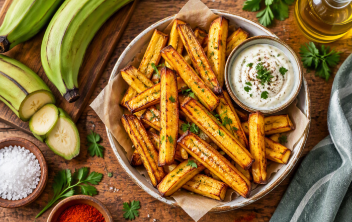 Vue de dessus d’un bol de frites de banane plantain verte cuites à l’Air Fryer, accompagnées d’une sauce crémeuse, avec des bananes plantains fraîches, des herbes et des assaisonnements sur une table en bois.