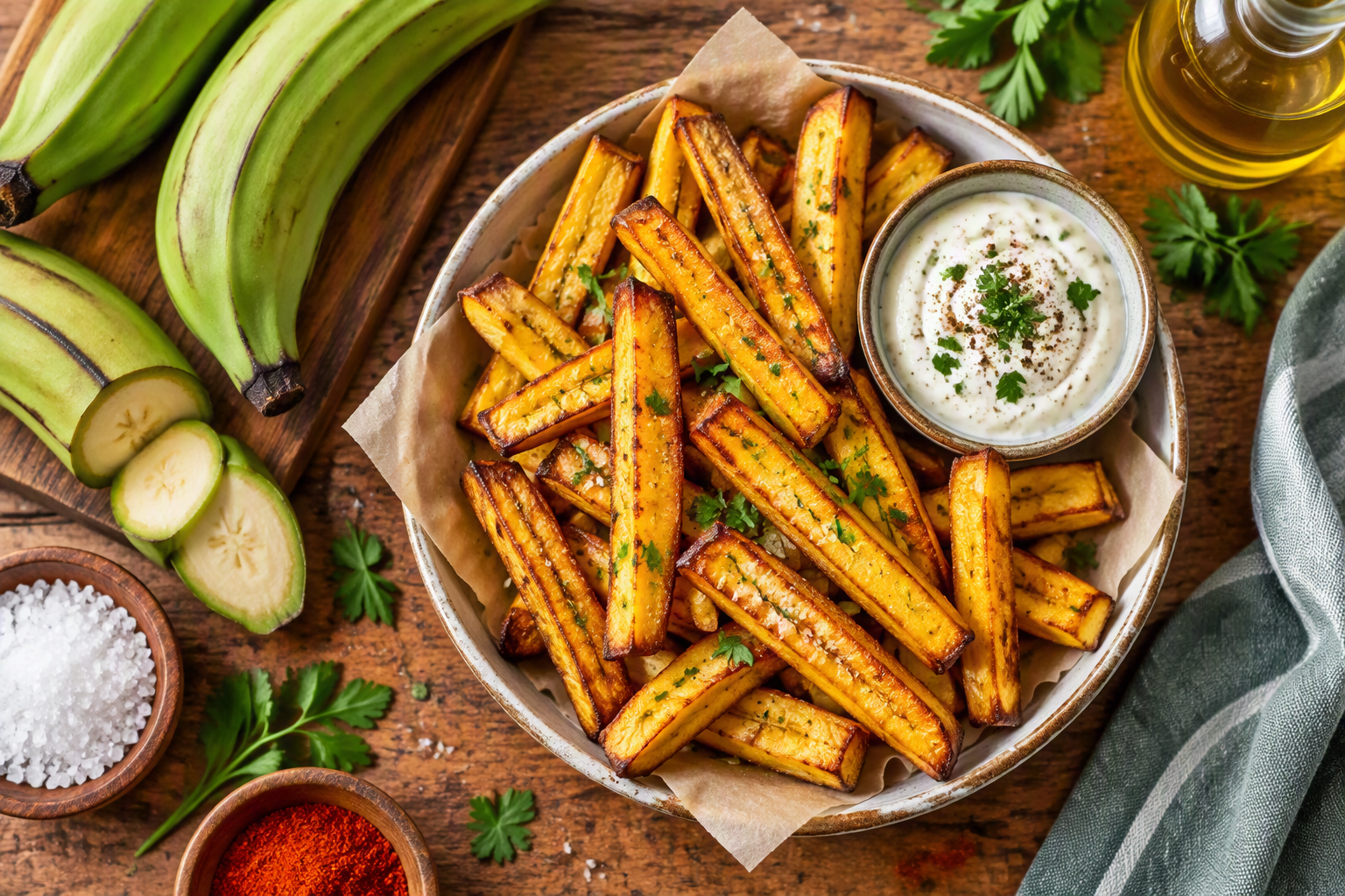 Vue de dessus d’un bol de frites de banane plantain verte cuites à l’Air Fryer, accompagnées d’une sauce crémeuse, avec des bananes plantains fraîches, des herbes et des assaisonnements sur une table en bois.